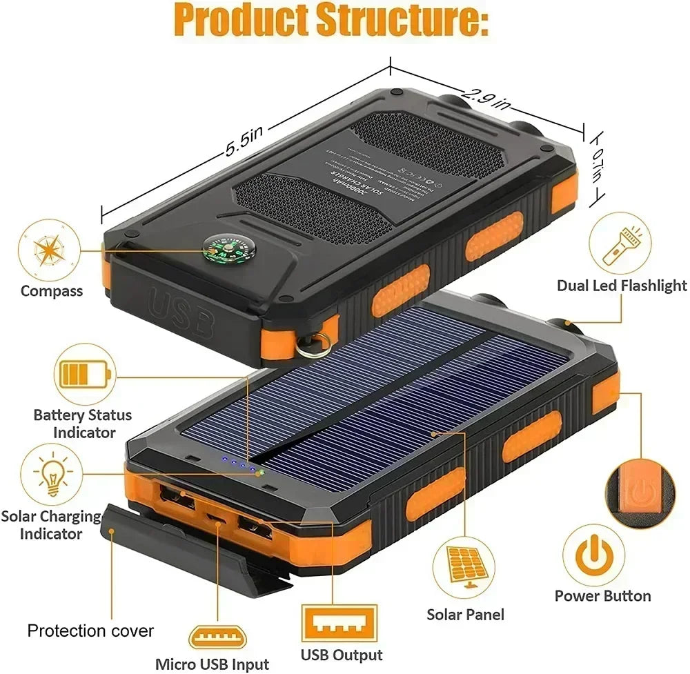 Solar Power Bank Portable Charging Poverbank External Battery Charger Strong Light LDE Light for iphone Samsung